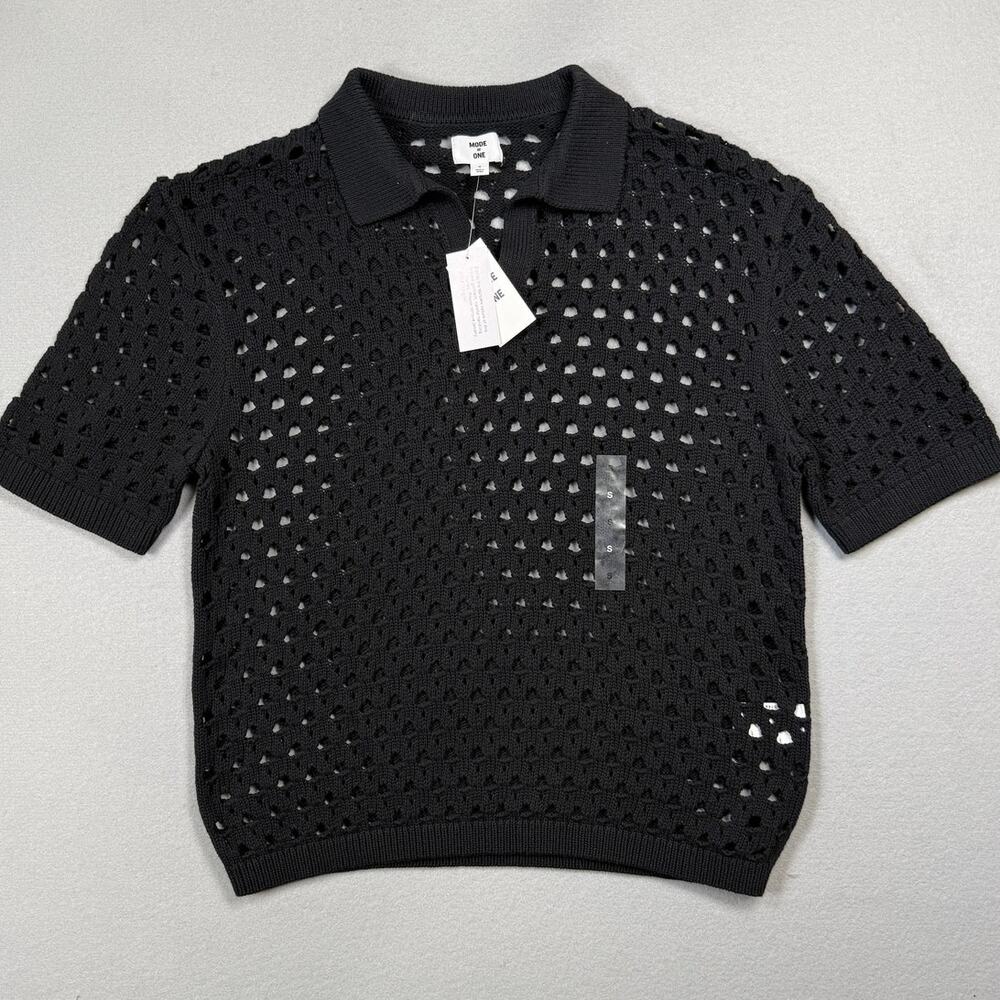 Mode of One Men's Johnny-Collar Open-Stitch Sweater, Deep Black small $60